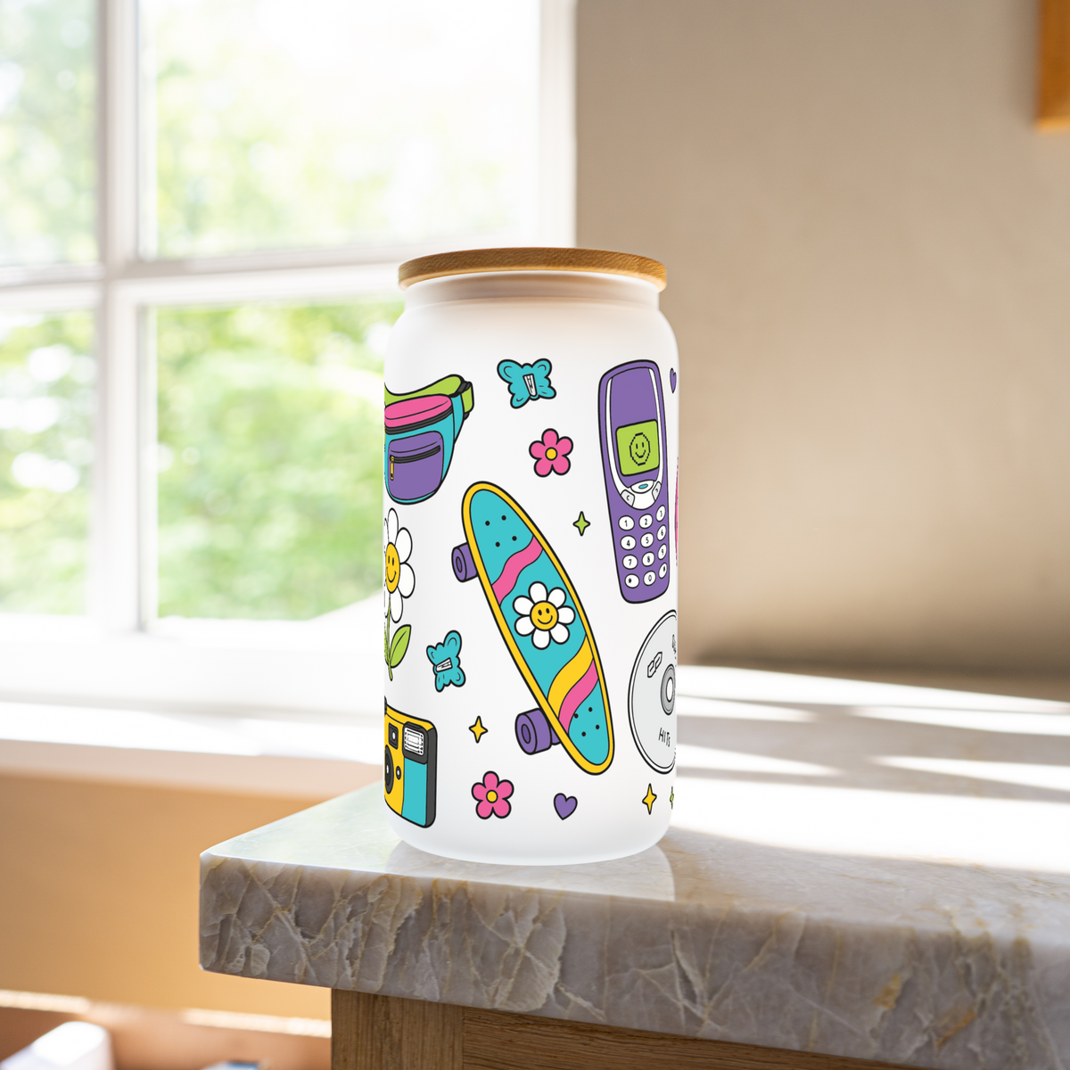 90s kids 16oz glass cup