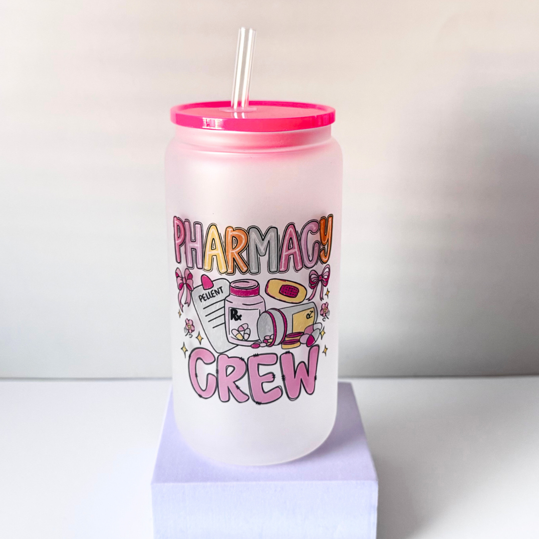 Tumbler with 'Pharmacy Crew' text and colorful graphics on a white background