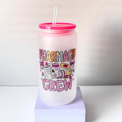 Tumbler with 'Pharmacy Crew' text and colorful graphics on a white background
