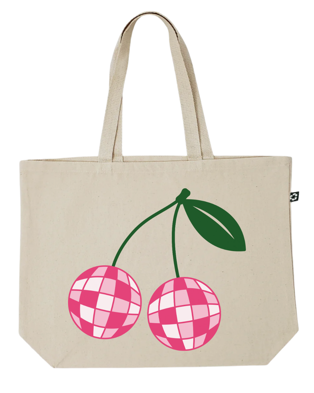 Canvas tote bag with pink disco cherries with green leaves on a white background