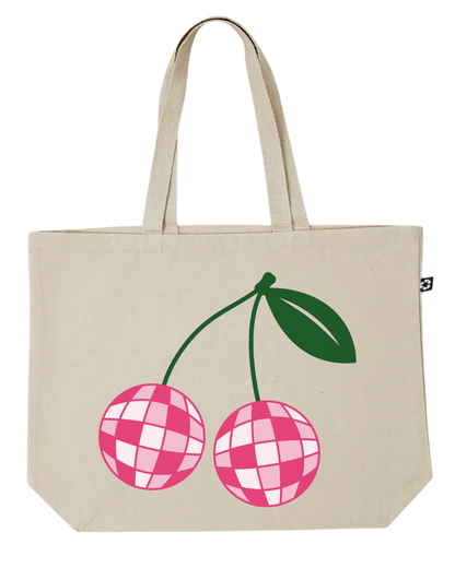 Canvas tote bag with pink disco cherries with green leaves on a white background