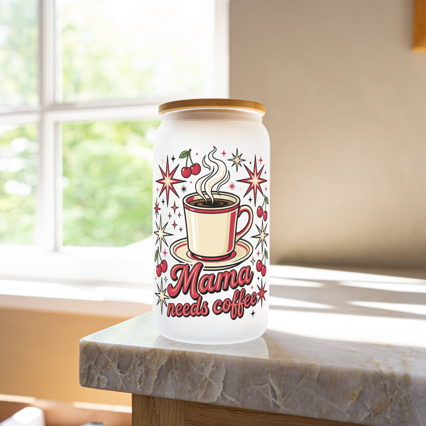Mama runs on coffee 16oz glass cup