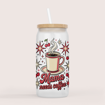 Mama runs on coffee 16oz glass cup