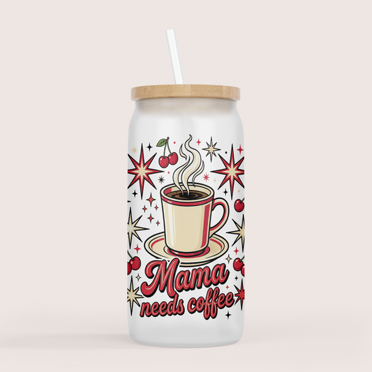 Mama runs on coffee 16oz glass cup