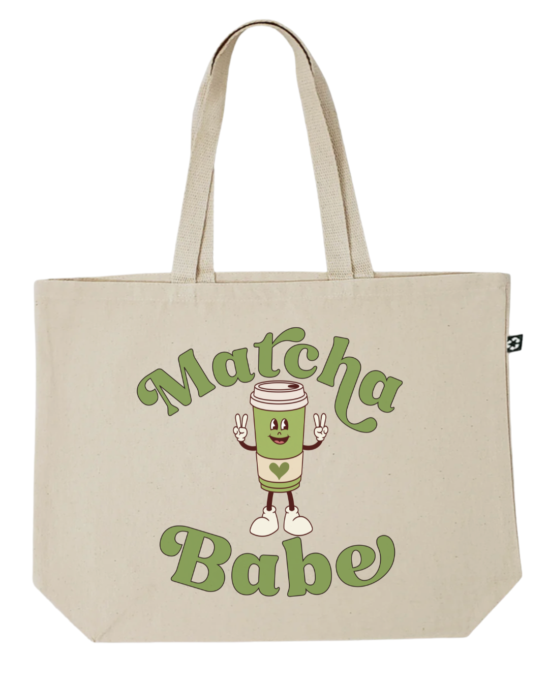 Canvas tote bag with 'Matcha Babe' text and cartoon matcha cup design on a white background