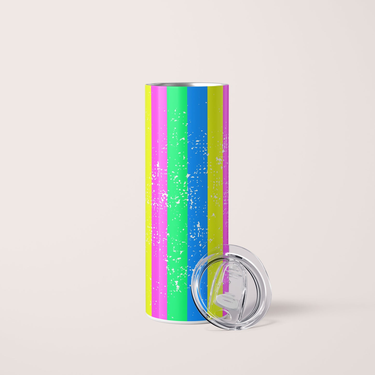 20oz skinny stainless steel tumbler with colorful neon vertical stripes - neon blue, neon green, neon pink and neon yellow -design is wrapped around the entire tumbler. Clear acrylic lid resting against the tumbler