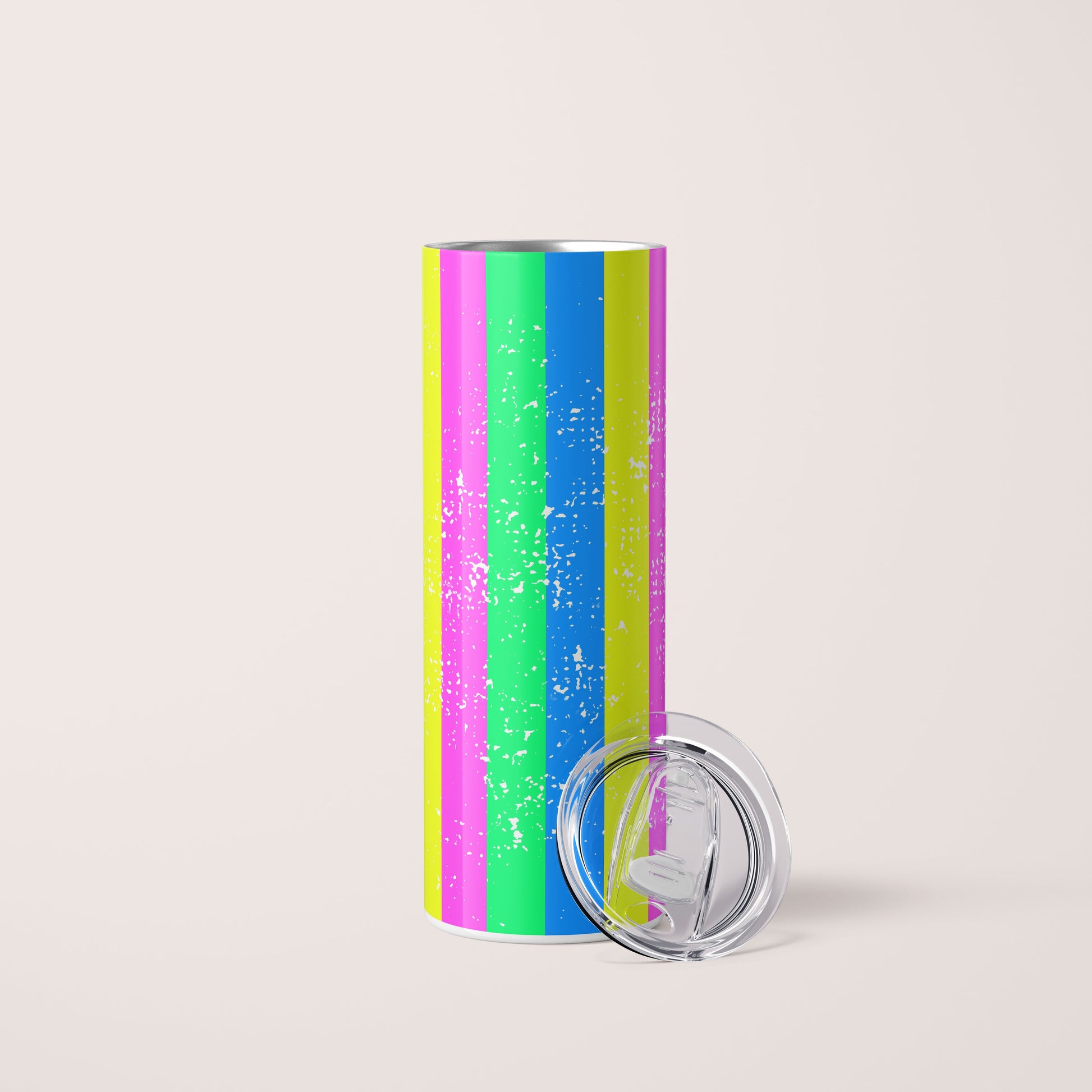 20oz skinny stainless steel tumbler with colorful neon vertical stripes - neon blue, neon green, neon pink and neon yellow -design is wrapped around the entire tumbler. Clear acrylic lid resting against the tumbler