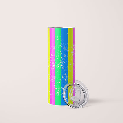 20oz skinny stainless steel tumbler with colorful neon vertical stripes - neon blue, neon green, neon pink and neon yellow -design is wrapped around the entire tumbler. Clear acrylic lid resting against the tumbler
