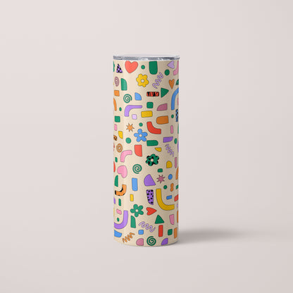 20oz skinny stainless steel tumbler with colorful geometric pattern with push on clear acrylic lid
