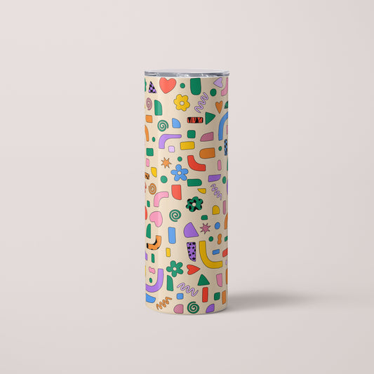 20oz skinny stainless steel tumbler with colorful geometric pattern with push on clear acrylic lid