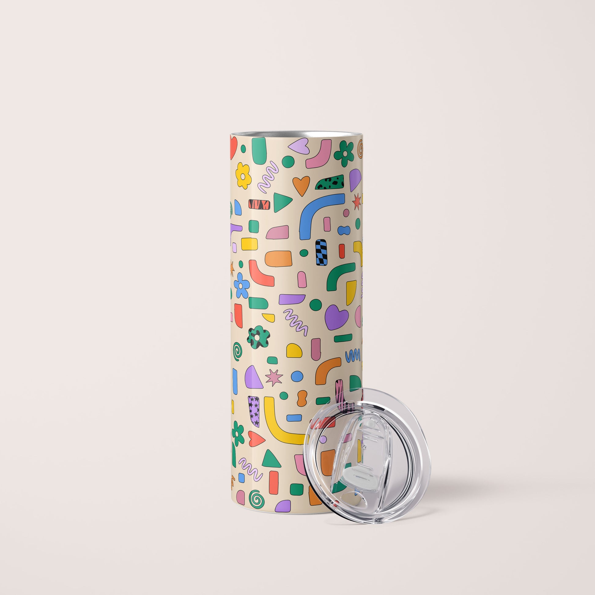 20oz skinny stainless steel tumbler with colorful geometric pattern