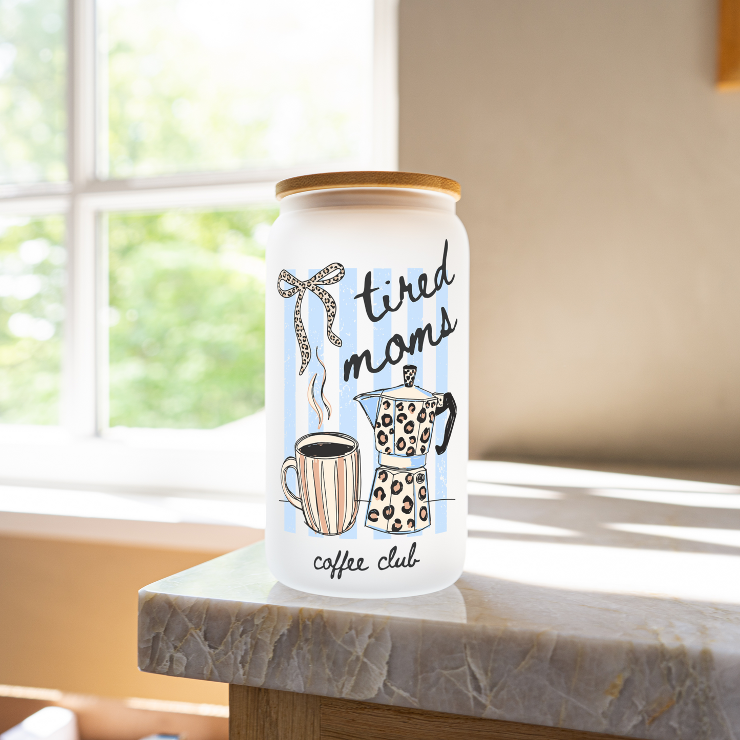 Tired moms club 16oz glass cup