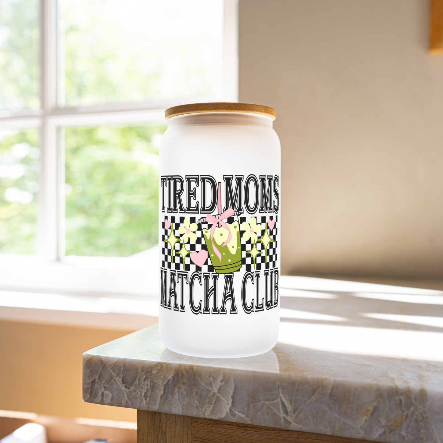 Tired moms club 16oz glass cup