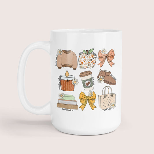 White 15oz mug with illustrated autumn-themed design on a dove gray background